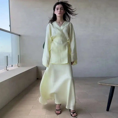 Women's Clothing 2025 Summer New Solid Color V-neck Tie Long Sleeve Cardigan High Waist Skirt Set