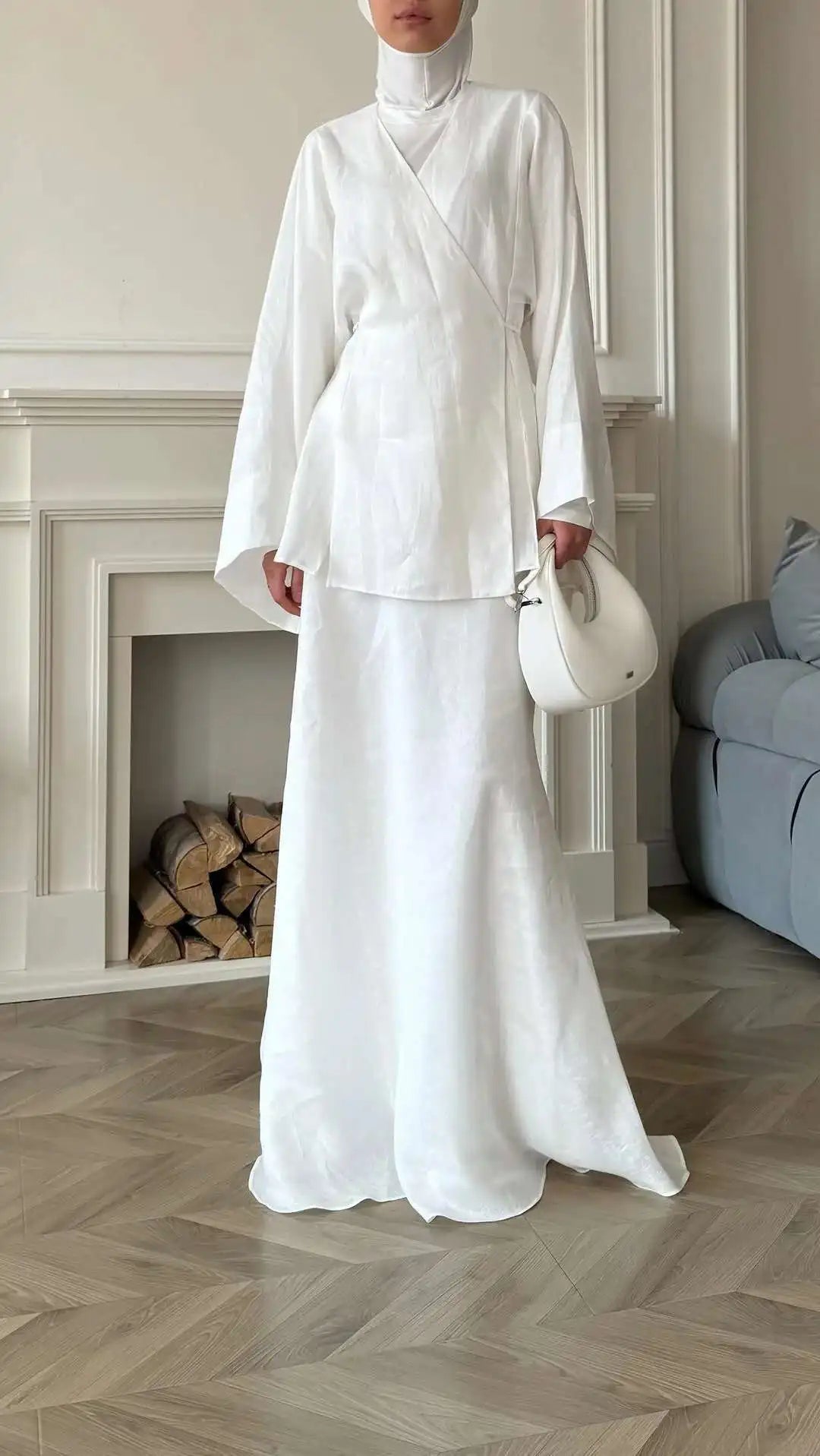 Women's Clothing 2025 Summer New Solid Color V-neck Tie Long Sleeve Cardigan High Waist Skirt Set