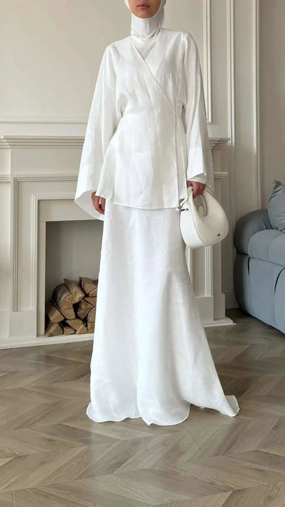 Women's Clothing 2025 Summer New Solid Color V-neck Tie Long Sleeve Cardigan High Waist Skirt Set