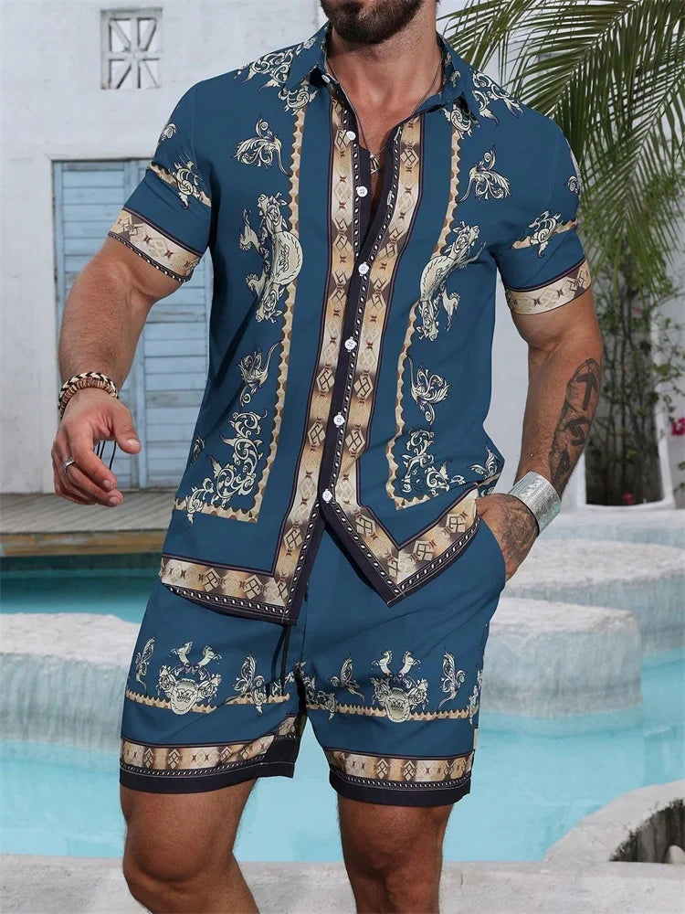 2025 Men's Short-sleeved Shirt Set With Blue Retro Pattern Print For Casual, Fashionable And Daily Summer Vacation
