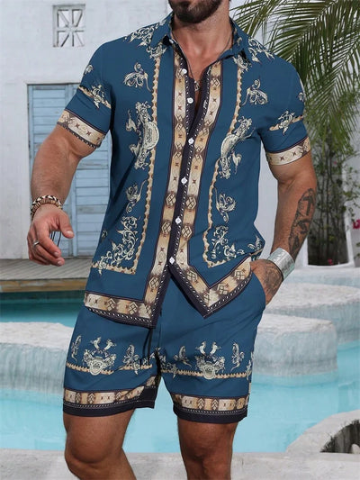 2025 Men's Short-sleeved Shirt Set With Blue Retro Pattern Print For Casual, Fashionable And Daily Summer Vacation
