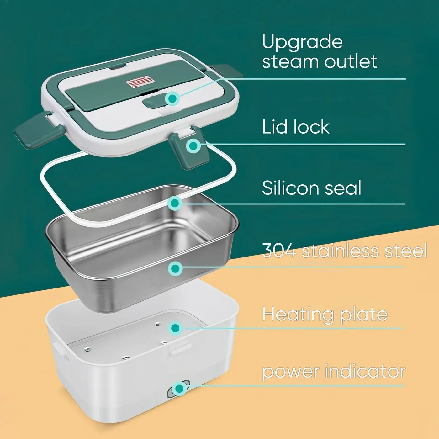 Electric Lunch Box Food Warmer 1.8 L 80W Outdoor Camping Bento Picnic Portable Food Heater Car/Home Self Heating Box