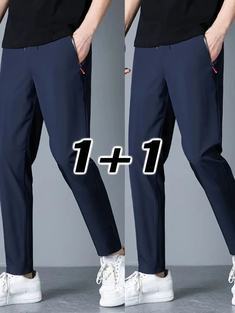 2 Pieces Men's Casual Pants Stretch Elastic Waist Jogger Korean C