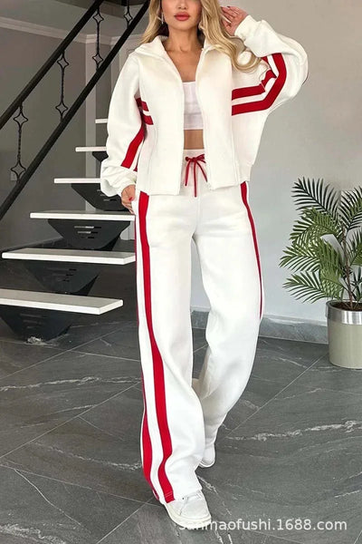 Striped Zipper Coat+sweatpants 2 Piece Set Women Spring Casual Batwing Sleeve Sports Jacket Outfits White Sweatshirt Suit