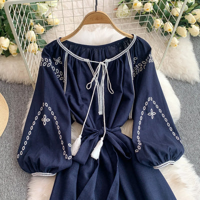 Retro Ethnic Sle Embroidered A-Line Long Dr Women's round Ne Lantern Sve Dr Slimming High Waist Korean Sle
