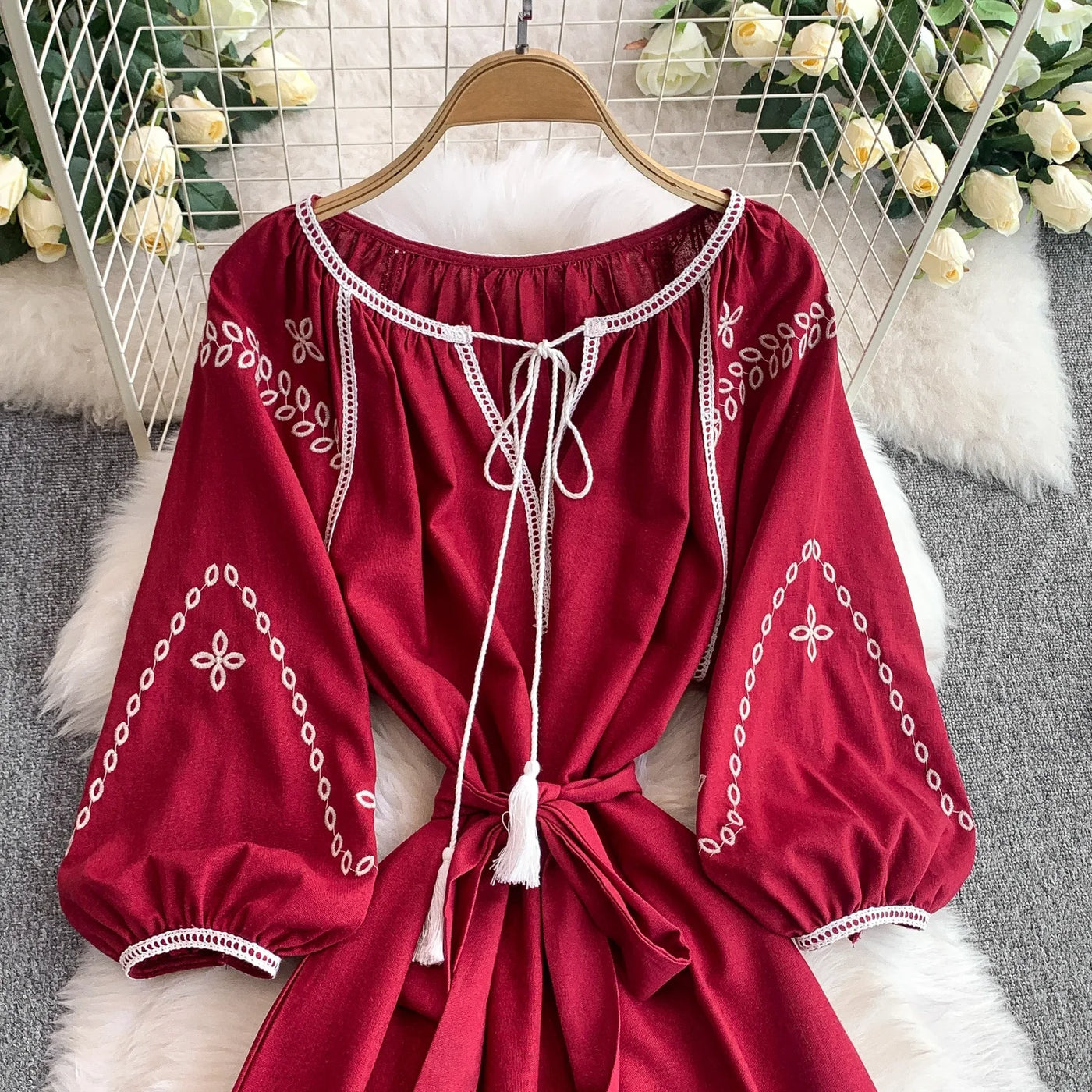 Retro Ethnic Sle Embroidered A-Line Long Dr Women's round Ne Lantern Sve Dr Slimming High Waist Korean Sle