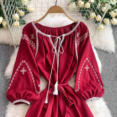Retro Ethnic Sle Embroidered A-Line Long Dr Women's round Ne Lantern Sve Dr Slimming High Waist Korean Sle