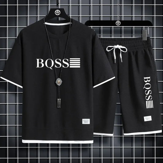 Summer Men's Waffle Sets Casual T-Shirt And Shorts Set Male Sports Suit Solid Color Tracksuit Loose Suits Size 3XL