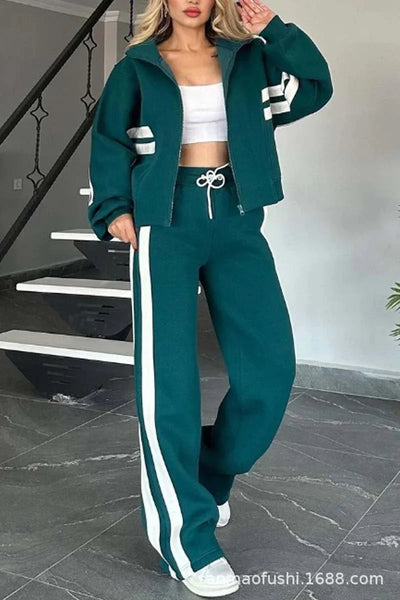 Striped Zipper Coat+sweatpants 2 Piece Set Women Spring Casual Batwing Sleeve Sports Jacket Outfits White Sweatshirt Suit
