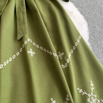 Retro Ethnic Sle Embroidered A-Line Long Dr Women's round Ne Lantern Sve Dr Slimming High Waist Korean Sle