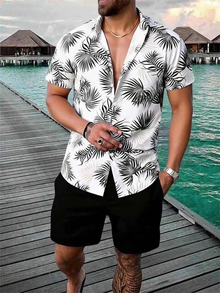 2025 Men's Short-sleeved Shirt Set With Blue Retro Pattern Print For Casual, Fashionable And Daily Summer Vacation