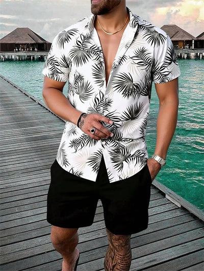 2025 Men's Short-sleeved Shirt Set With Blue Retro Pattern Print For Casual, Fashionable And Daily Summer Vacation