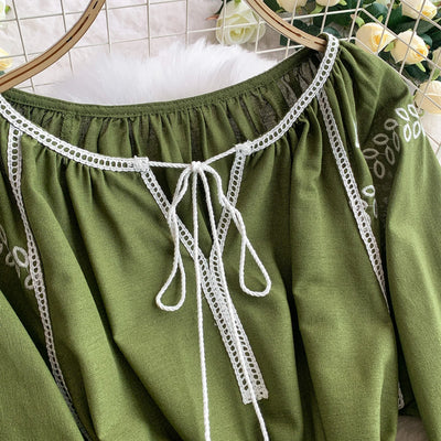 Retro Ethnic Sle Embroidered A-Line Long Dr Women's round Ne Lantern Sve Dr Slimming High Waist Korean Sle