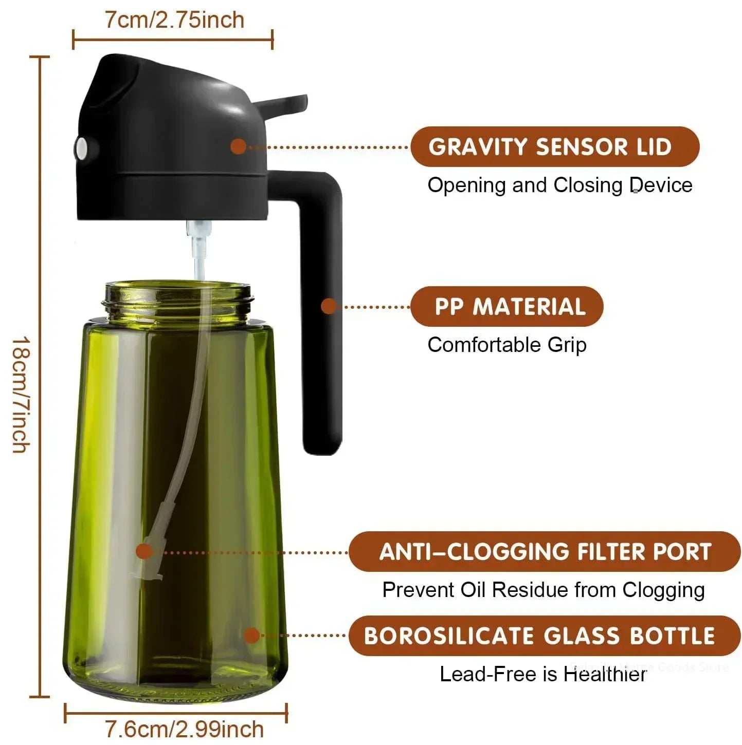 2 in 1 Olive Oil Dispenser Bottle 470ml Light-Blocking Dark Oil Sprayer for Cooking for Kitchen Dark Green Glass Oil Bottle