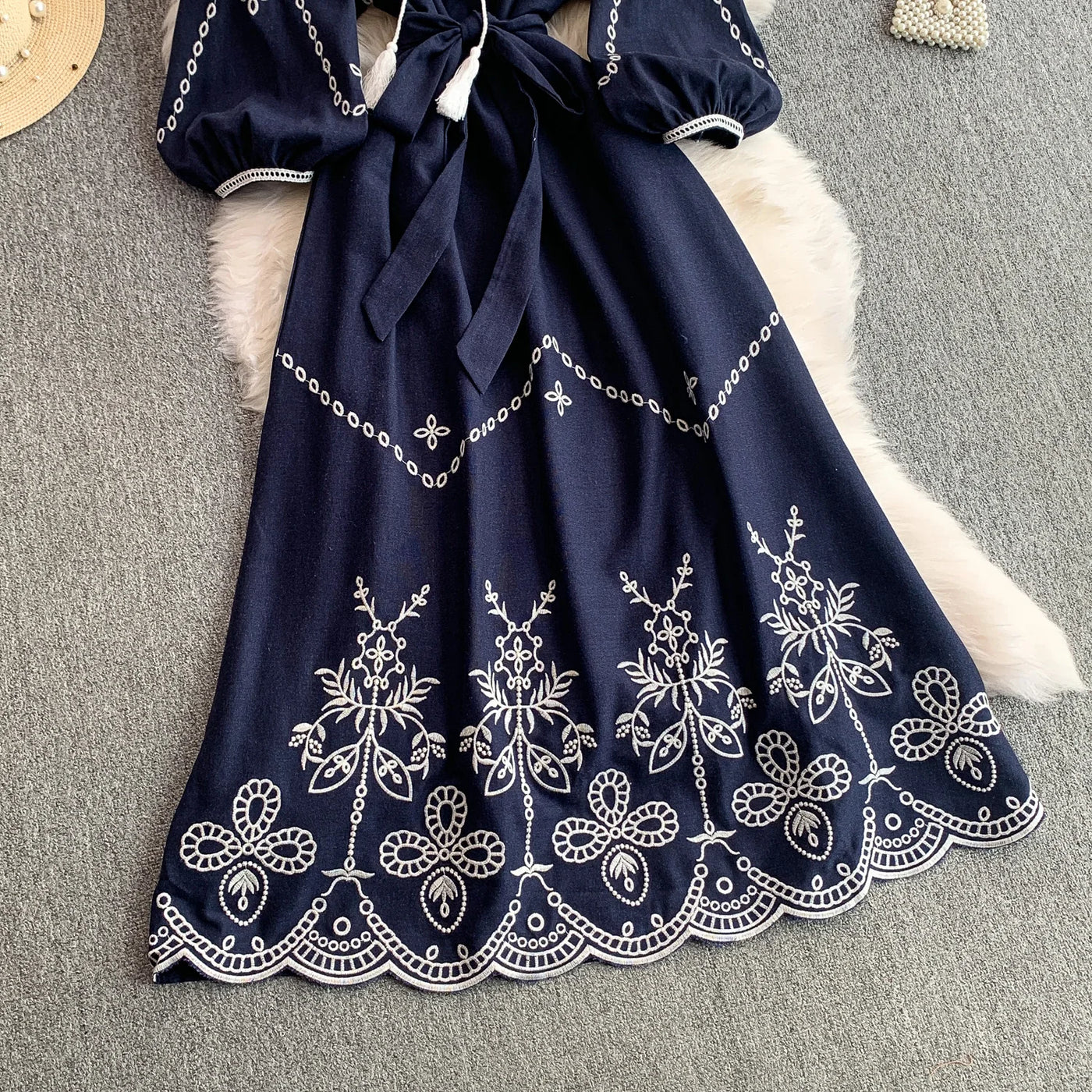Retro Ethnic Sle Embroidered A-Line Long Dr Women's round Ne Lantern Sve Dr Slimming High Waist Korean Sle