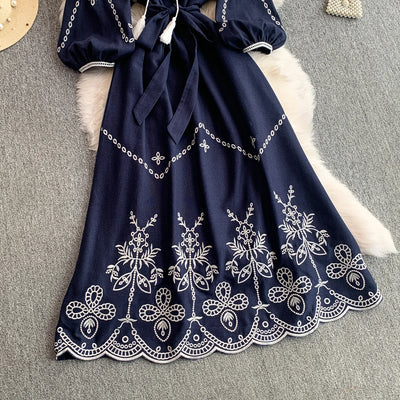 Retro Ethnic Sle Embroidered A-Line Long Dr Women's round Ne Lantern Sve Dr Slimming High Waist Korean Sle