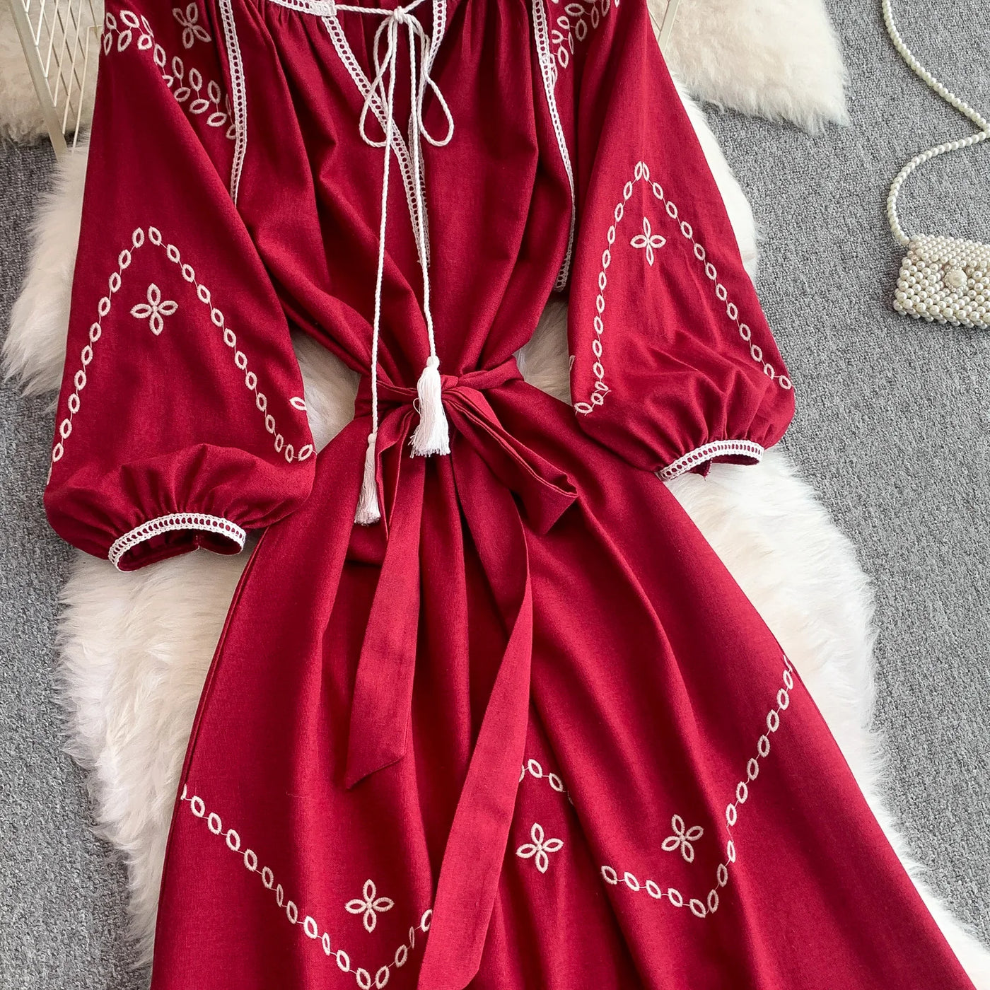 Retro Ethnic Sle Embroidered A-Line Long Dr Women's round Ne Lantern Sve Dr Slimming High Waist Korean Sle