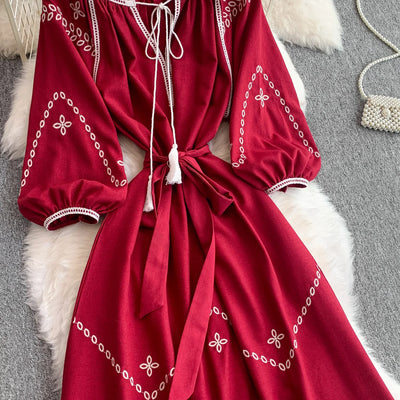 Retro Ethnic Sle Embroidered A-Line Long Dr Women's round Ne Lantern Sve Dr Slimming High Waist Korean Sle
