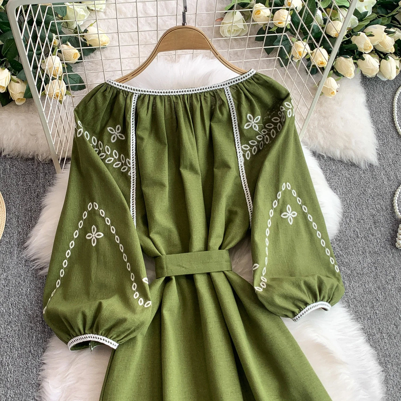 Retro Ethnic Sle Embroidered A-Line Long Dr Women's round Ne Lantern Sve Dr Slimming High Waist Korean Sle