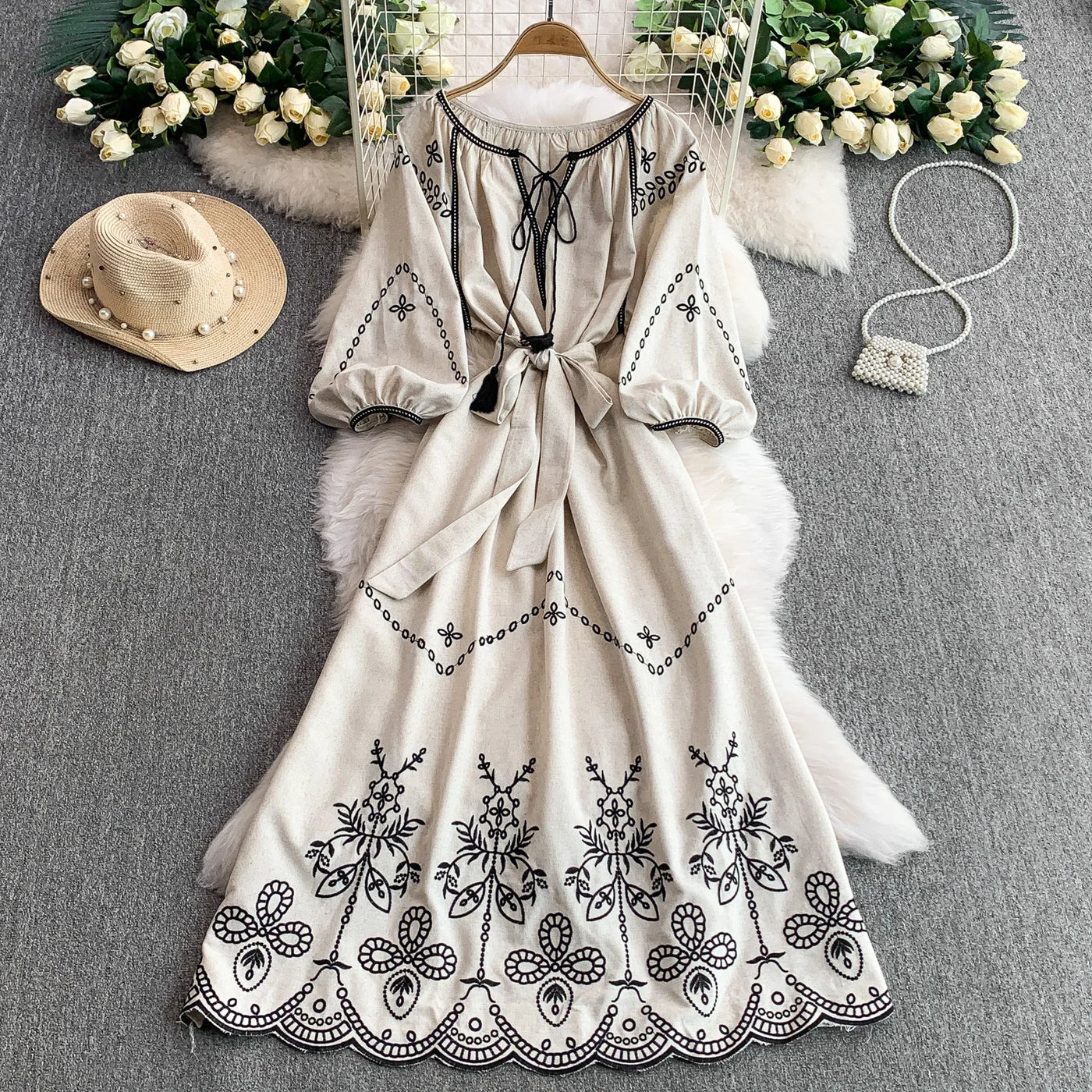 Retro Ethnic Sle Embroidered A-Line Long Dr Women's round Ne Lantern Sve Dr Slimming High Waist Korean Sle