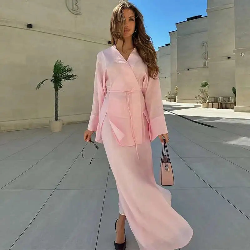 Women's Clothing 2025 Summer New Solid Color V-neck Tie Long Sleeve Cardigan High Waist Skirt Set
