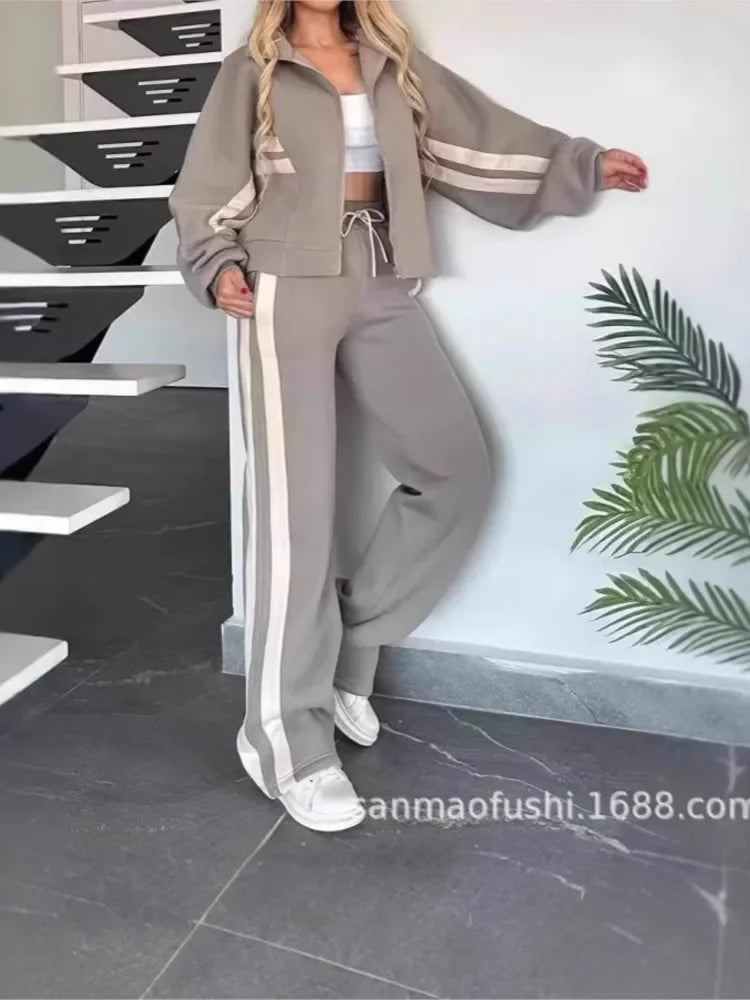 Striped Zipper Coat+sweatpants 2 Piece Set Women Spring Casual Batwing Sleeve Sports Jacket Outfits White Sweatshirt Suit