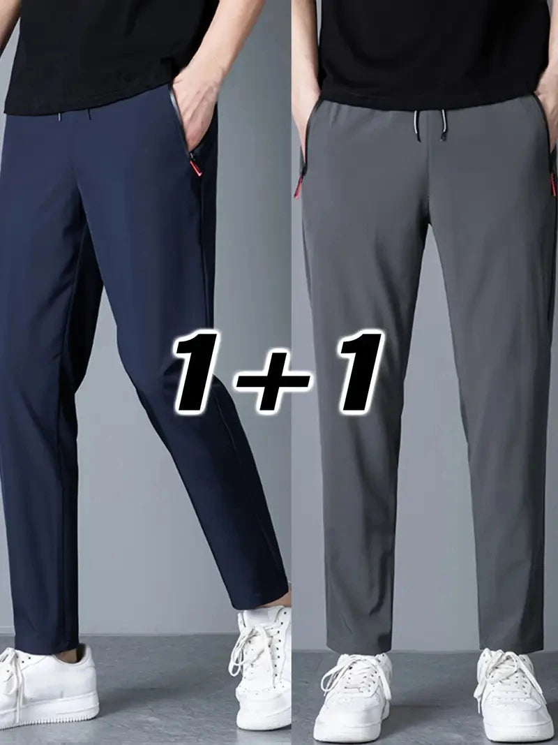 2 Pieces Men's Casual Pants Stretch Elastic Waist Jogger Korean C