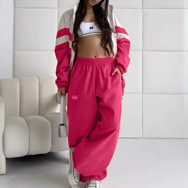 Spring Autumn Street Jumper Two Piece Set Women Long Sleeve Zipper Jacket+Patchwork Hip-Hop Sports Pant Suit Loose Women Outfit