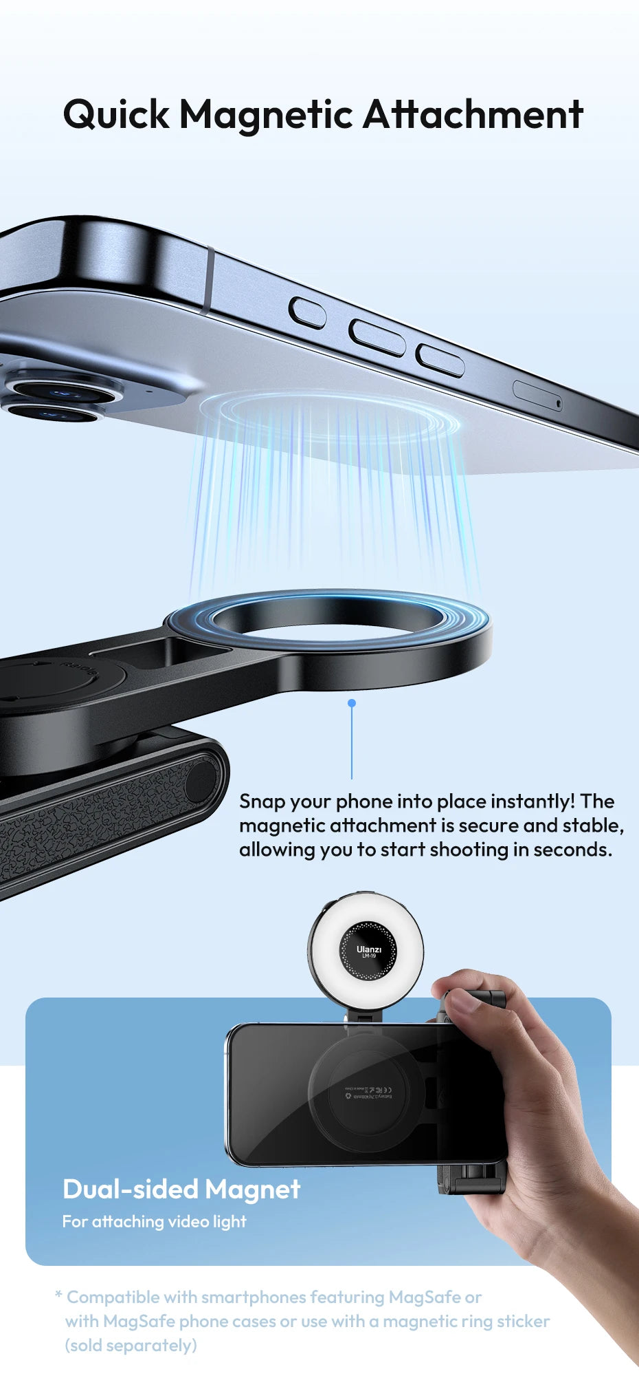 Ulanzi JJ03 Magnetic Phone Tripod Wireless Phone Grip Selfie Stick Desktop Tripod for iPhone 16 15 14 13 Pro Pro Max