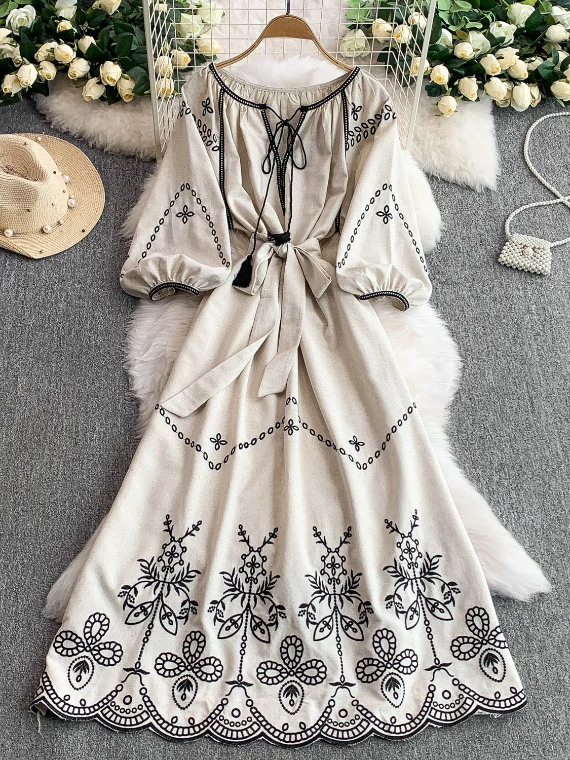 Retro Ethnic Sle Embroidered A-Line Long Dr Women's round Ne Lantern Sve Dr Slimming High Waist Korean Sle