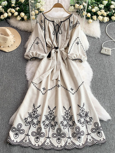 Retro Ethnic Sle Embroidered A-Line Long Dr Women's round Ne Lantern Sve Dr Slimming High Waist Korean Sle