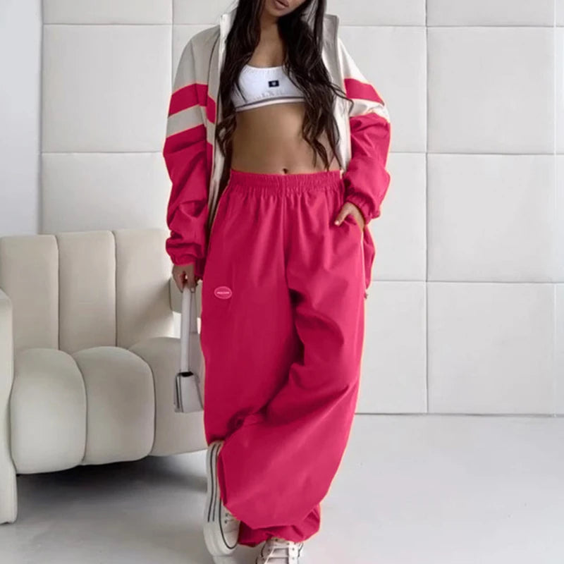 Spring Autumn Street Jumper Two Piece Set Women Long Sleeve Zipper Jacket+Patchwork Hip-Hop Sports Pant Suit Loose Women Outfit