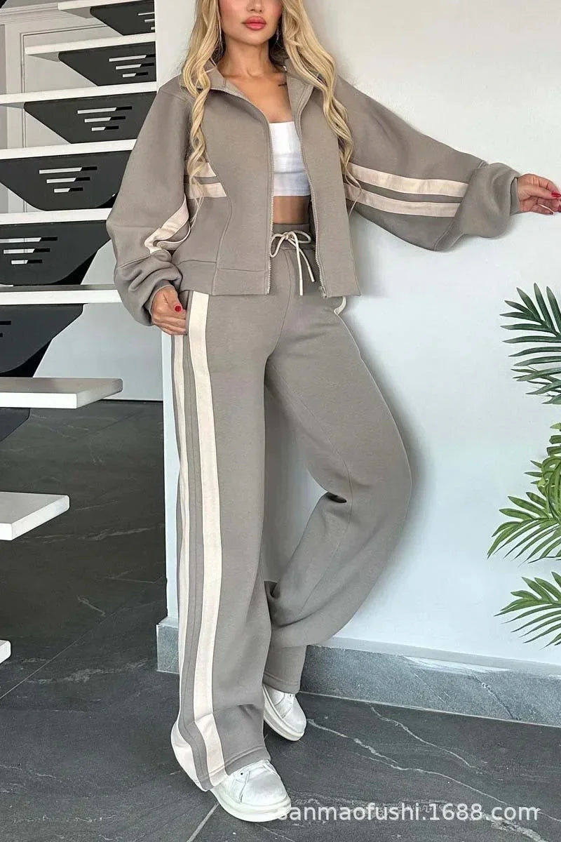 Striped Zipper Coat+sweatpants 2 Piece Set Women Spring Casual Batwing Sleeve Sports Jacket Outfits White Sweatshirt Suit