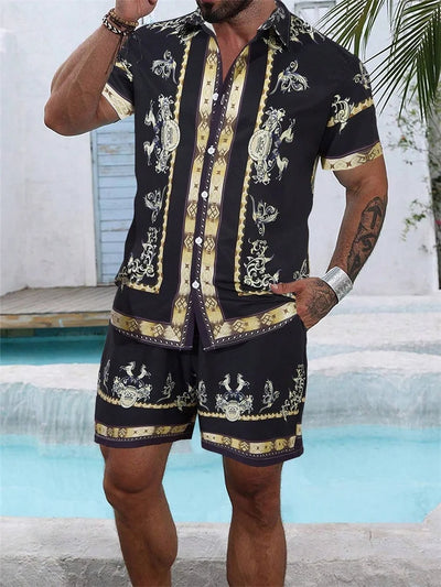 2025 Men's Short-sleeved Shirt Set With Blue Retro Pattern Print For Casual, Fashionable And Daily Summer Vacation
