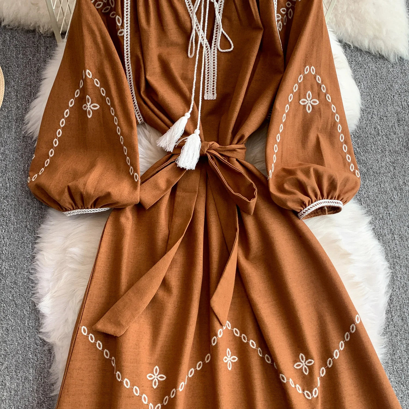 Retro Ethnic Sle Embroidered A-Line Long Dr Women's round Ne Lantern Sve Dr Slimming High Waist Korean Sle