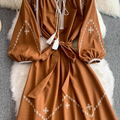 Retro Ethnic Sle Embroidered A-Line Long Dr Women's round Ne Lantern Sve Dr Slimming High Waist Korean Sle